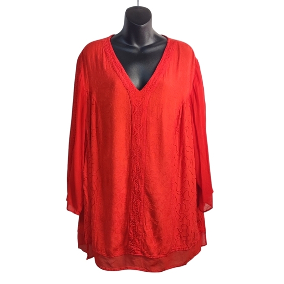 Catherines Blouse Women's Red V-Neck Embroidered 3/4 Sleeve Size 2X - Picture 1 of 10
